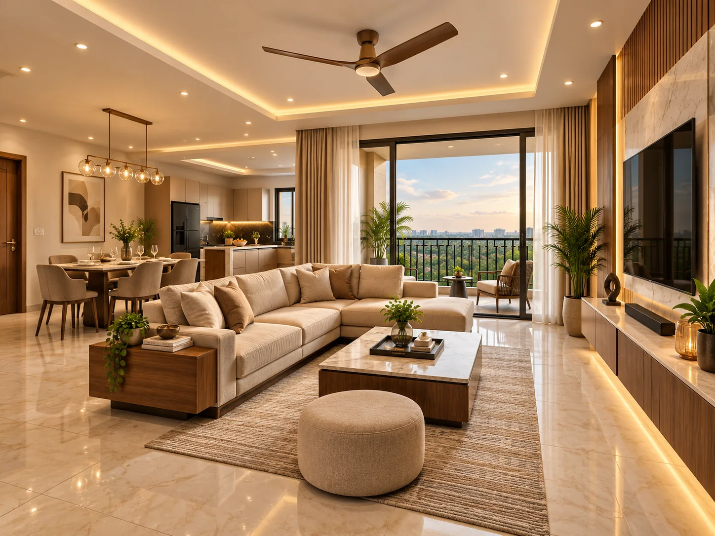 Open-plan living, dining and kitchen in a 4 BHK at Katariya Urban Leaf, with sliding doors to a balcony