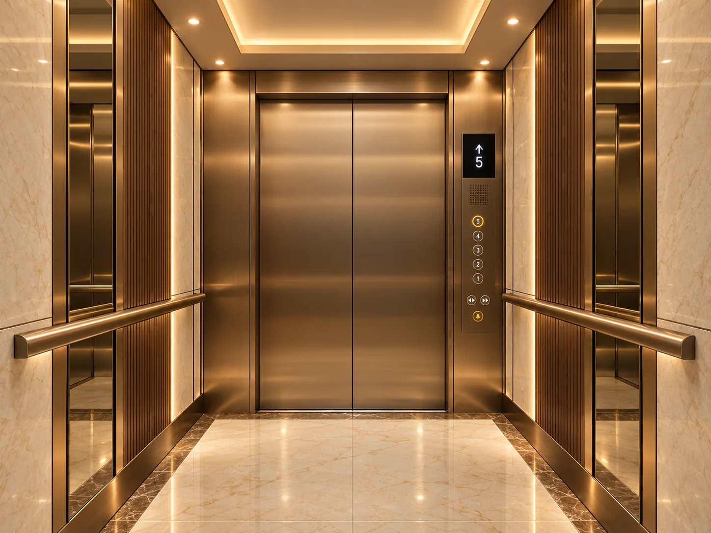 Lift car interior at Katariya Urban Leaf — brushed metal panelling, marble floor and brass handrails