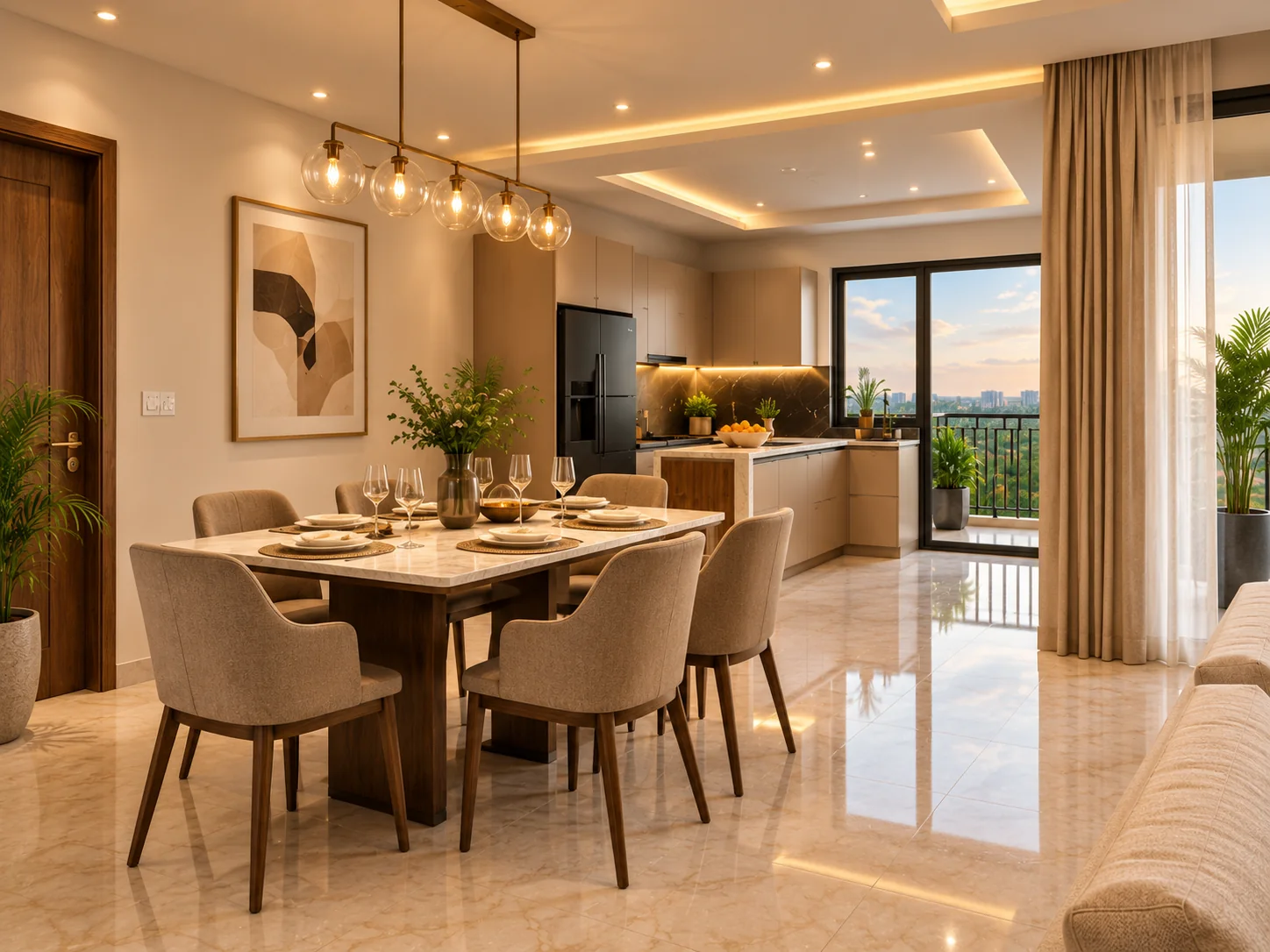 Dining area beside the modular kitchen in a 4 BHK at Katariya Urban Leaf, Panchvati, Nashik