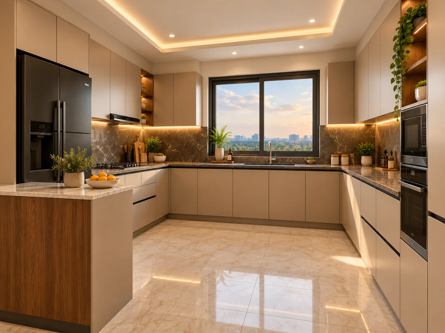 Modular kitchen at Katariya Urban Leaf — granite platform, marble dado, built-in oven and a window over the sink