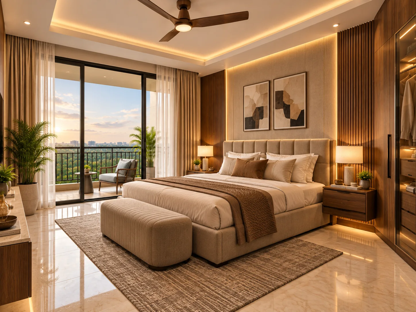 Master bedroom in a 4 BHK at Katariya Urban Leaf — upholstered headboard, fitted wardrobe and sliding doors to a private balcony