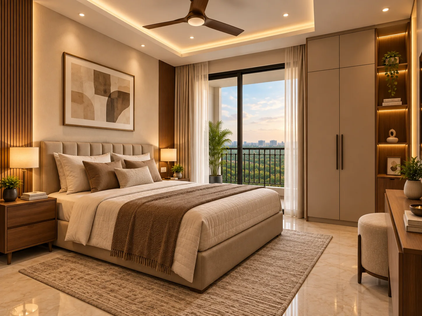 Second bedroom at Katariya Urban Leaf — full-height wardrobe, study counter and balcony access