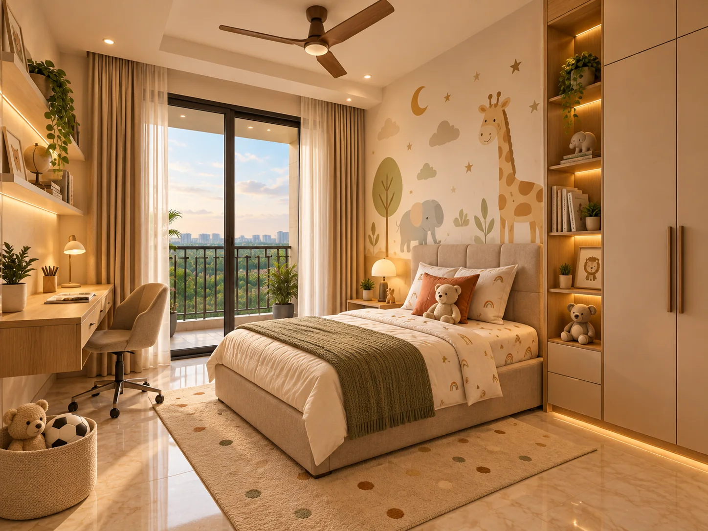 Children's bedroom at Katariya Urban Leaf — study desk, open shelving and a painted feature wall