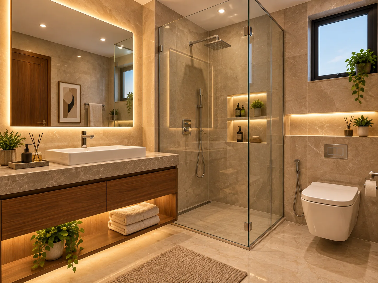 Bathroom at Katariya Urban Leaf — vanity counter, backlit mirror, wall-hung toilet and a glass-partitioned walk-in shower