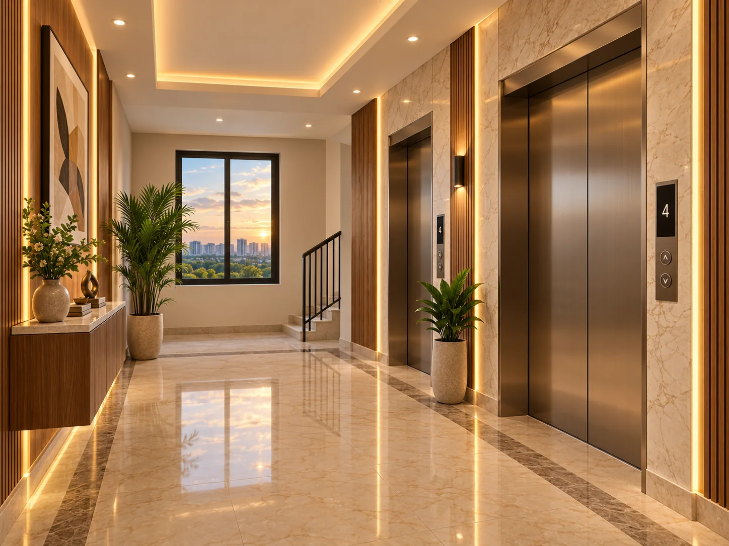 Lift lobby at Katariya Urban Leaf — marble flooring, wood-panelled walls and a window onto the Panchvati skyline