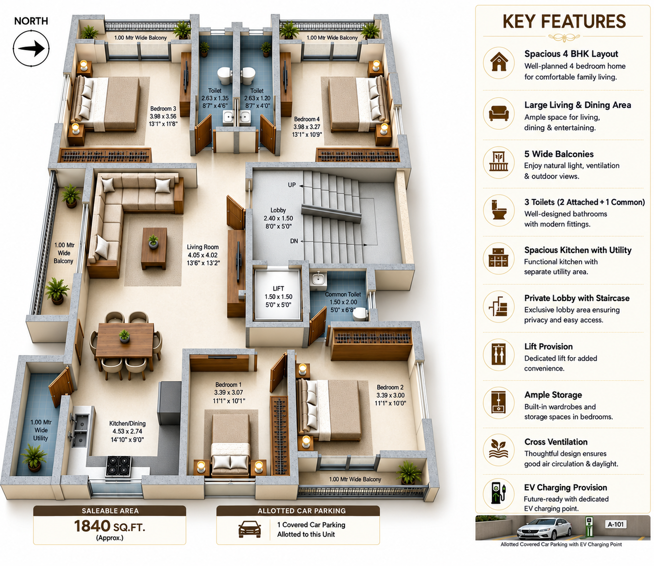 3D floor plan of Katariya Urban Leaf — 4 BHK, 1840 sqft, 5 balconies, 3 toilets, Panchvati Nashik