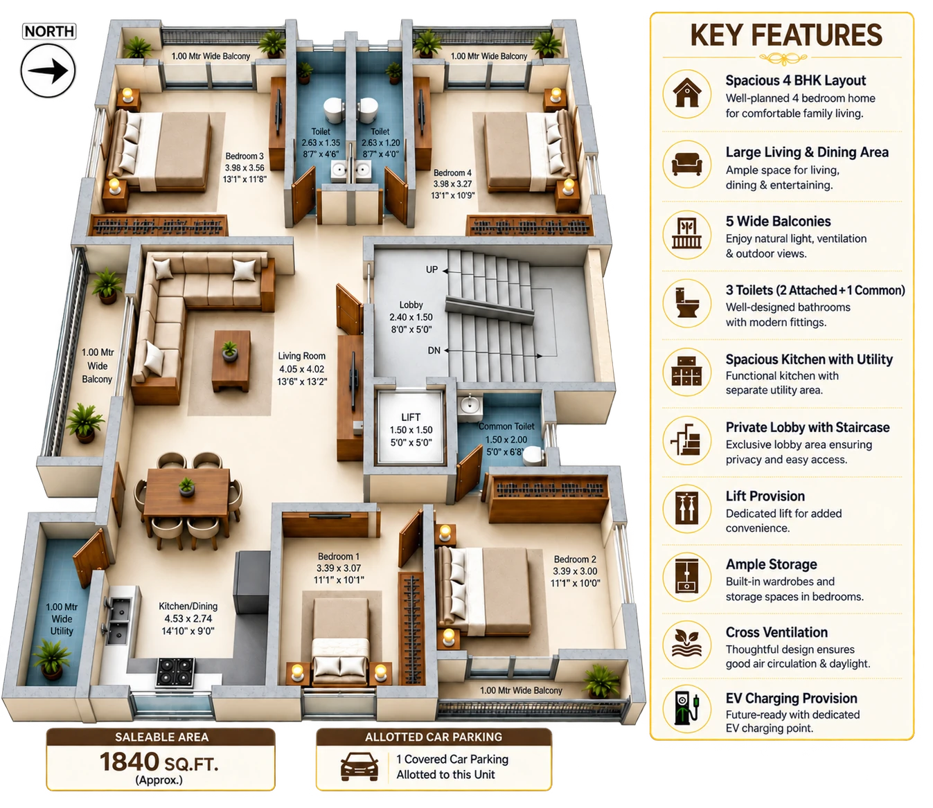 3D floor plan of Katariya Urban Leaf — 4 BHK, 1840 sqft, 5 balconies, 3 toilets, Panchvati Nashik