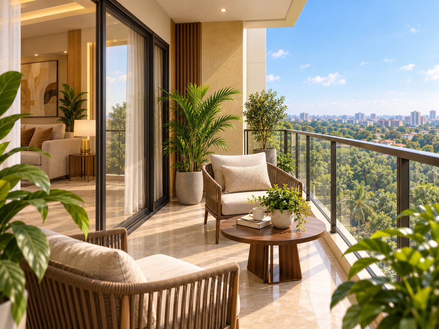 Balcony at Katariya Millenium — seating for two overlooking tree cover and the Nashik skyline
