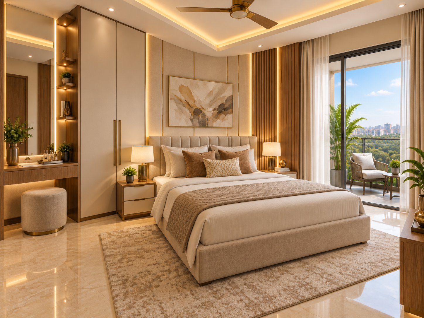 Bedroom at Katariya Millenium — fitted wardrobes, dresser and sliding doors to a private balcony