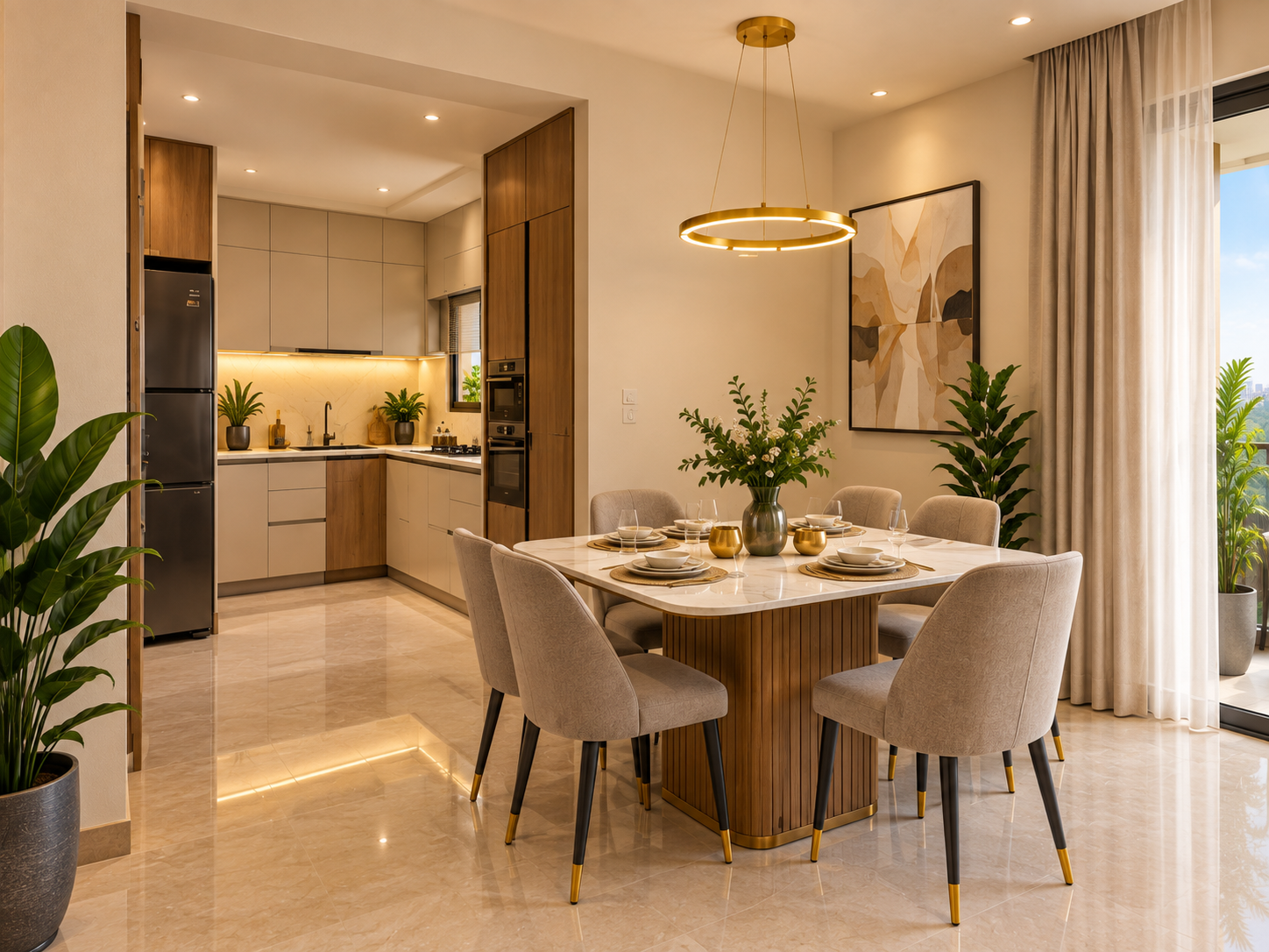 Dining area and modular kitchen in a Katariya Millenium apartment