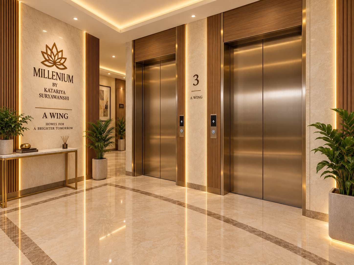Lift lobby at Katariya Millenium — two lifts, marble flooring and the A Wing signage wall
