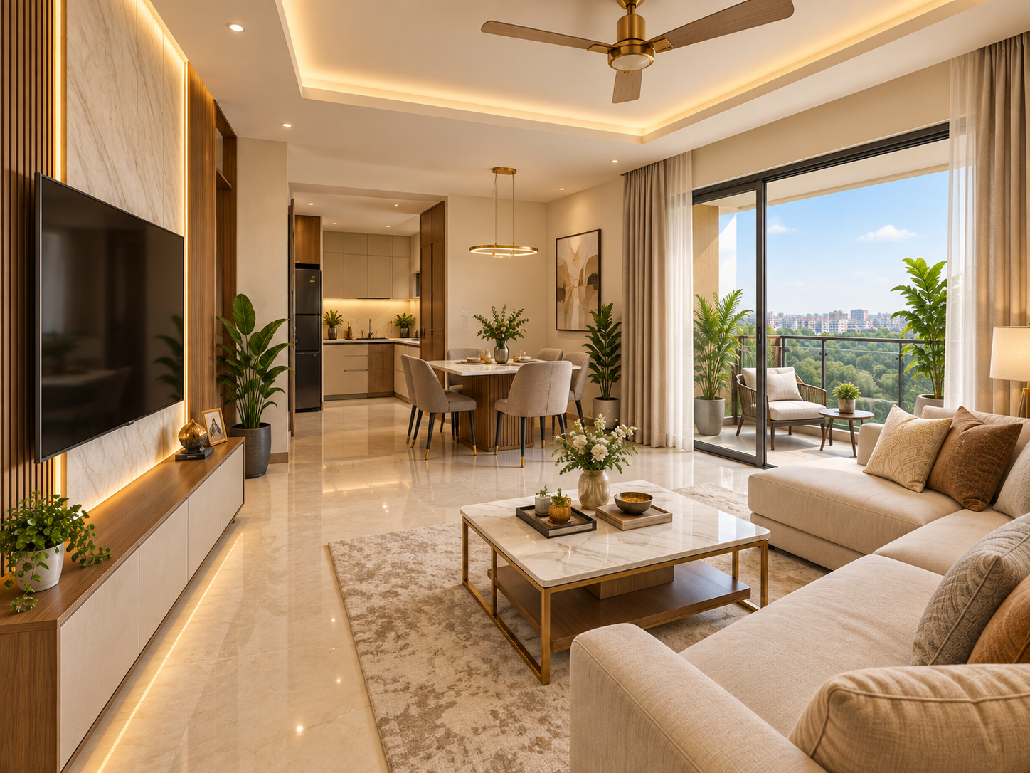 Living room in a Katariya Millenium apartment — false ceiling cove lighting, TV wall and sliding doors to the balcony