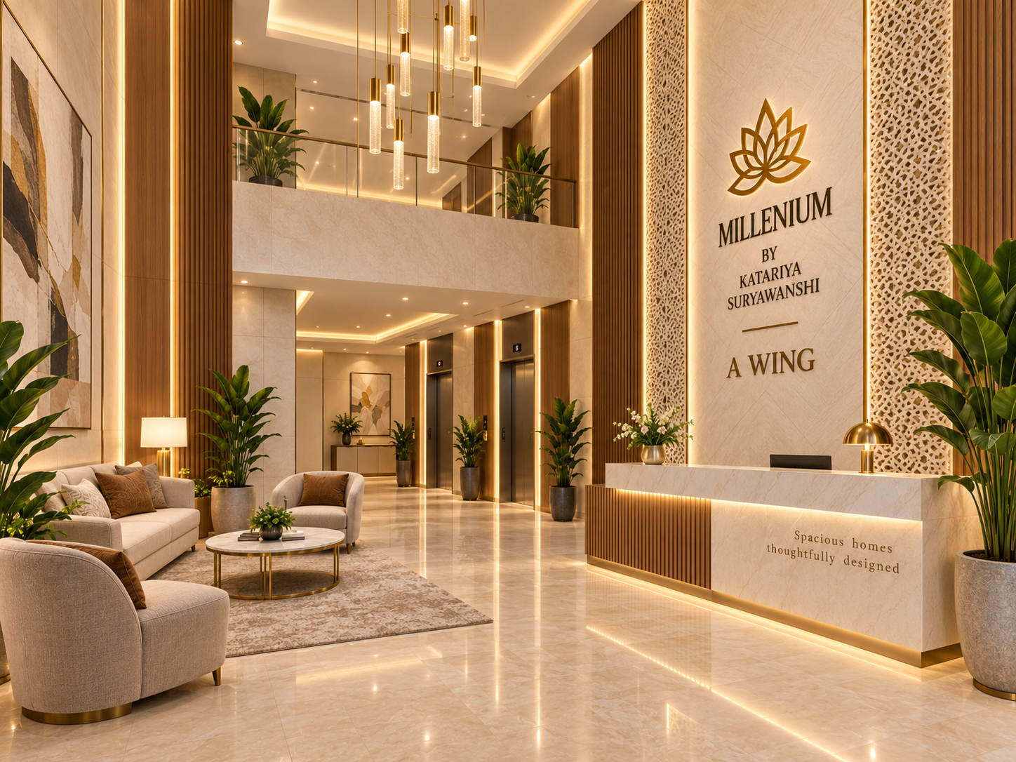 Double-height entrance lobby at Katariya Millenium, A Wing — marble floor, jali screen and reception desk