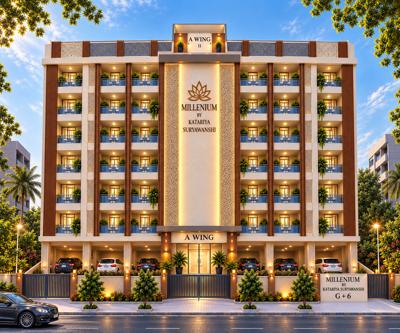 Katariya Millenium daytime facade — G+6 residential building with jali screens and planted balconies, Nashik