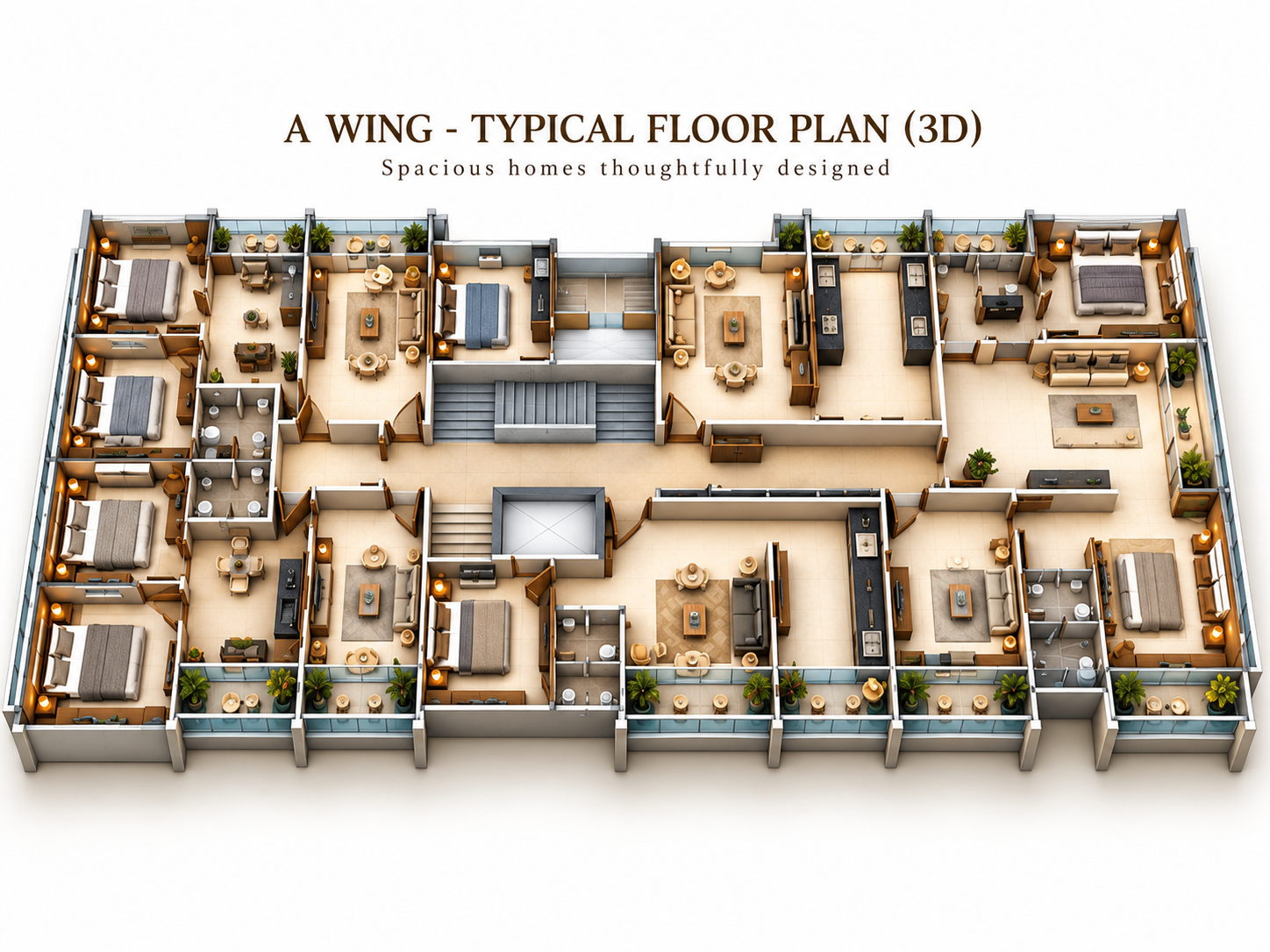 3D typical floor plan of A Wing at Katariya Millenium — apartment layouts with balconies, Nashik