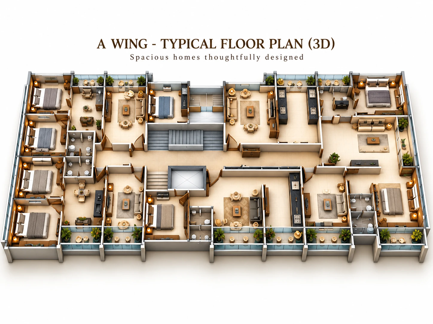 3D typical floor plan of A Wing at Katariya Millenium — apartment layouts with balconies, Nashik