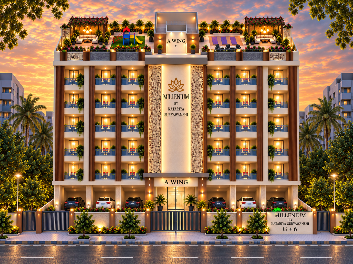 Katariya Millenium at dusk — lit balconies, jali-screened central bay and rooftop deck