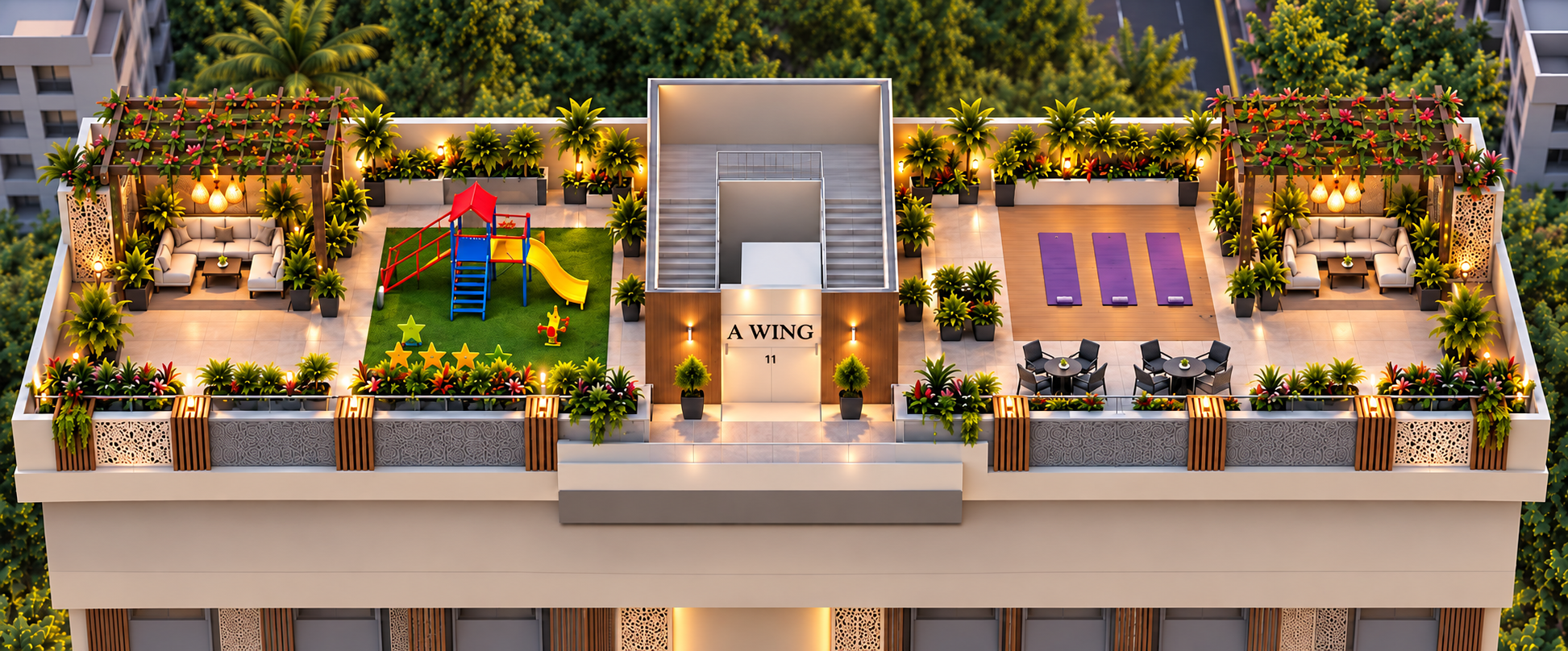 Overhead view of the Katariya Millenium rooftop deck — lounges at both ends, play turf and yoga platform either side of the A Wing core
