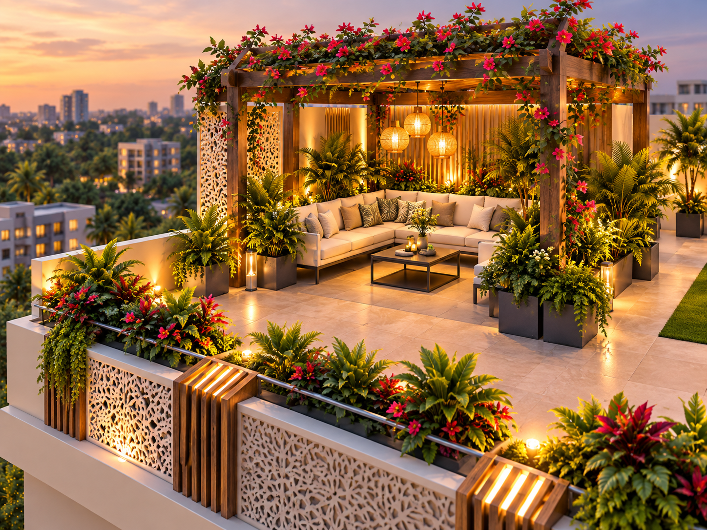 Pergola lounge on the Katariya Millenium rooftop — bougainvillea canopy, lantern lighting and sectional seating at sunset