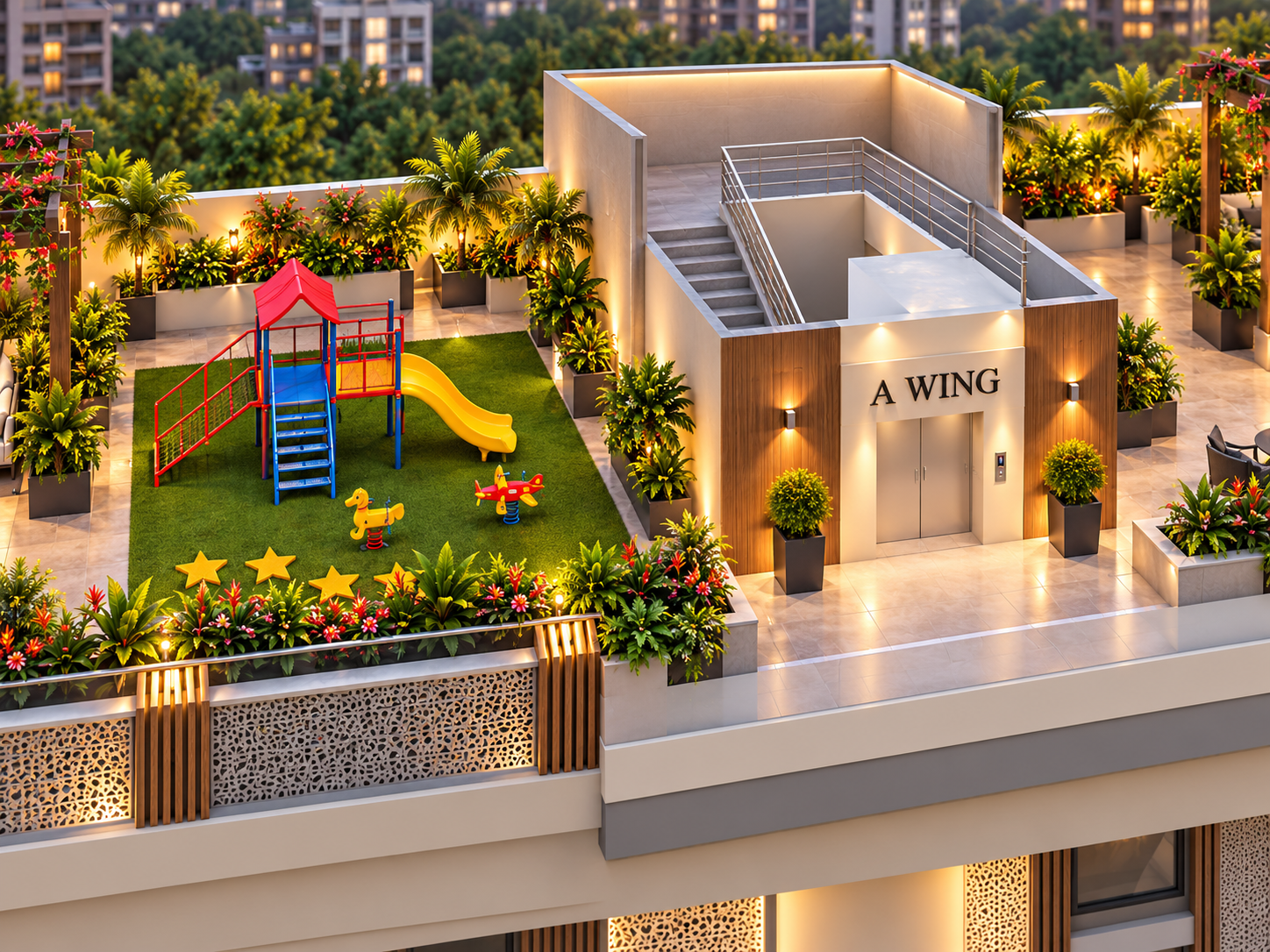 Children's play zone on the Katariya Millenium rooftop — soft turf, slide and climbing frame beside the A Wing lift core