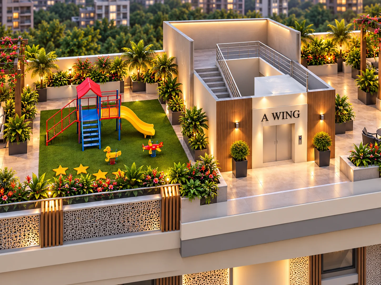Children's play zone on the Katariya Millenium rooftop — soft turf, slide and climbing frame beside the A Wing lift core