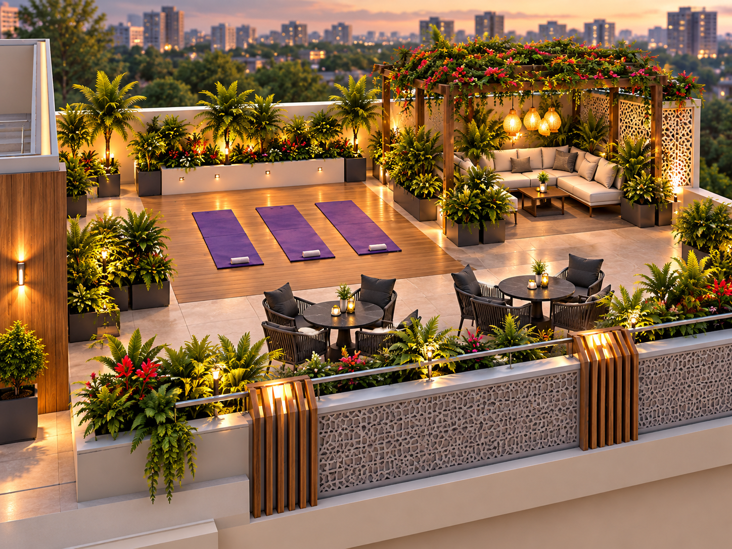 Yoga platform and café seating on the Katariya Millenium rooftop, with a planted pergola lounge and the city beyond