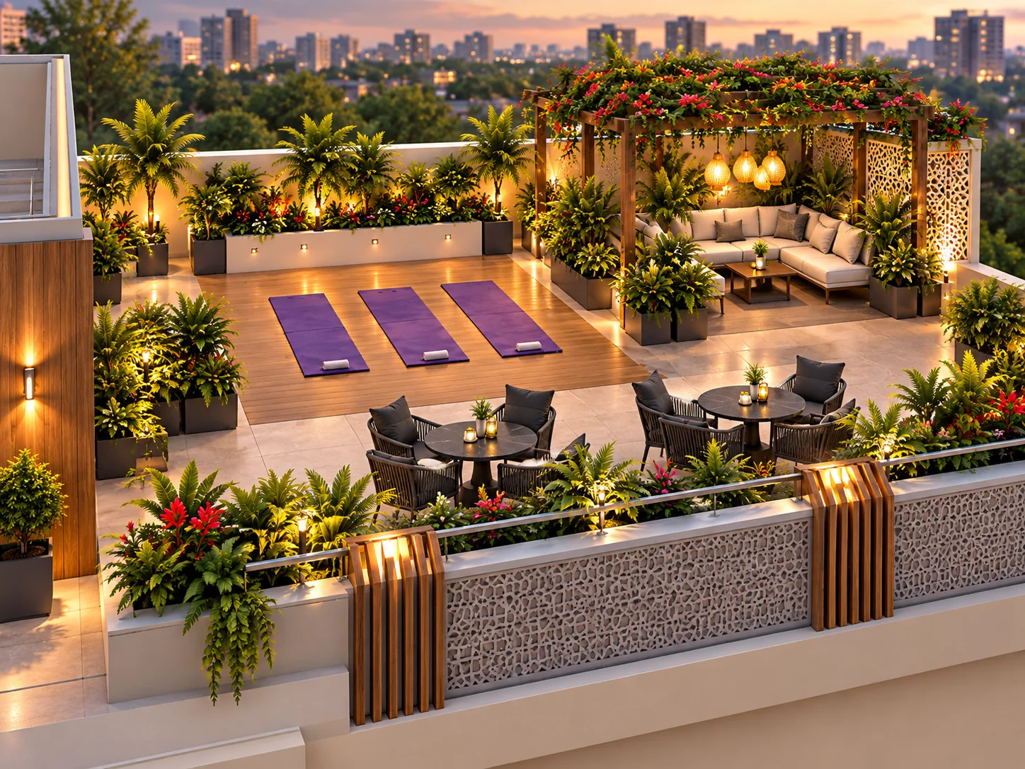 Yoga platform and café seating on the Katariya Millenium rooftop, with a planted pergola lounge and the city beyond