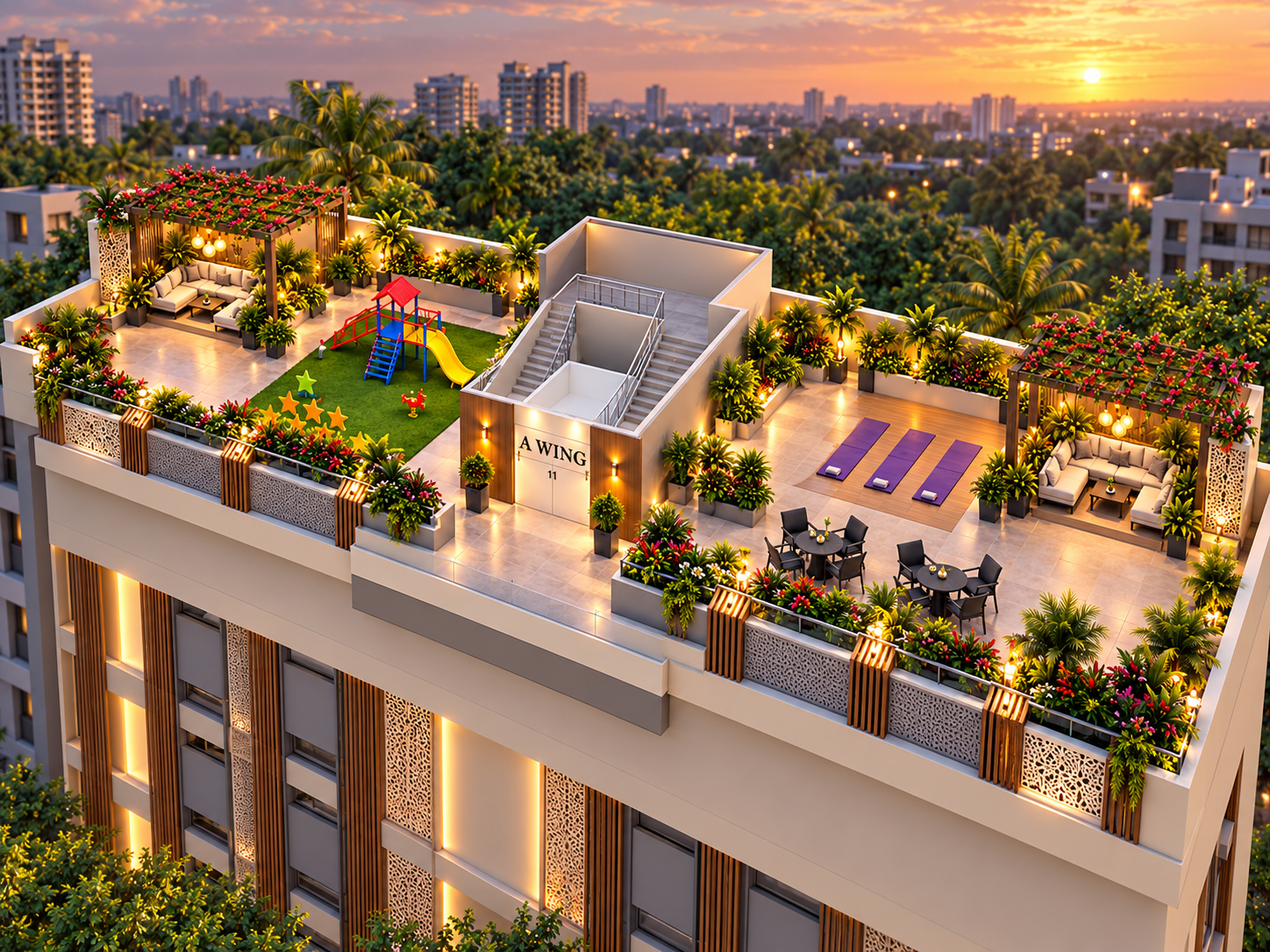 Katariya Millenium rooftop at sunset — the full amenity deck with pergola lounges, play zone and yoga platform above the seventh floor