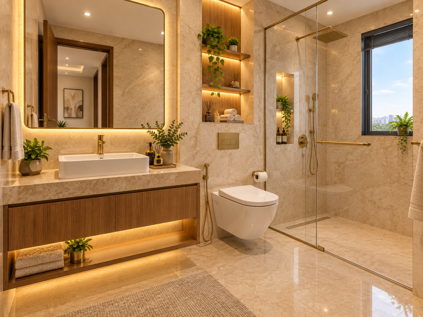 Bathroom at Katariya Millenium — wall-hung toilet, vanity counter and glass-partitioned walk-in shower